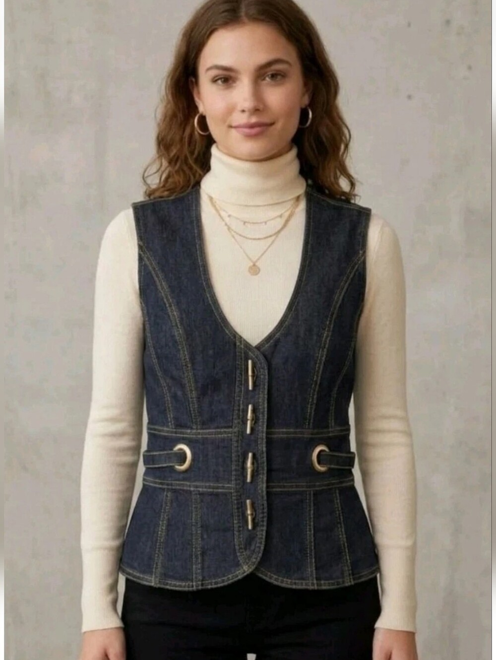 NEW Y2k Bisou Bisou Dark Blue Structured Denim Vest Gold Stitching Hardware M